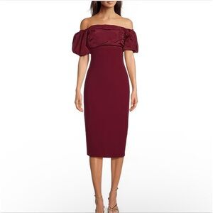 Badgley Mischka Harlow Stretch Crepe Off-Shoulder Puffed Sleeve Dress